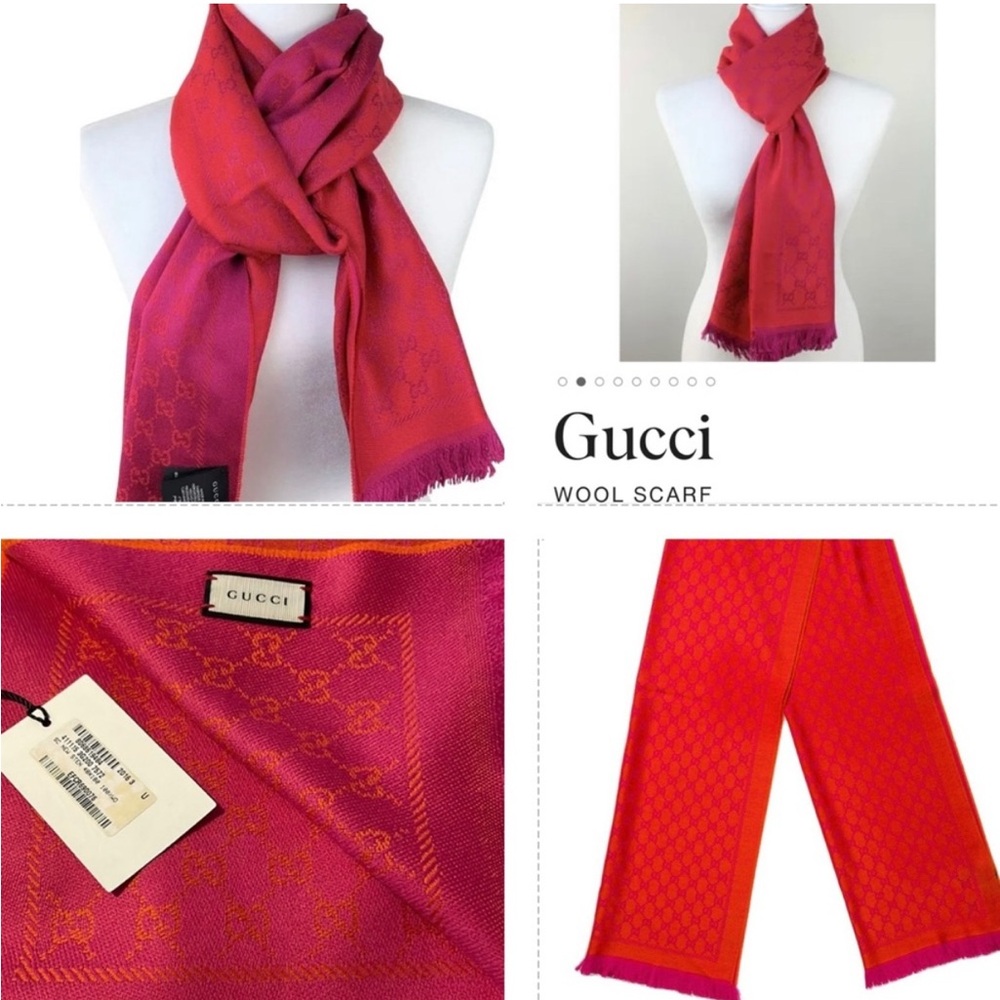 GUCCI PINK/ ORANGE 100% LANA- WOOL “MONOGRAM GG JACQUARD SCARF / WRAP - Picture 2 of 4